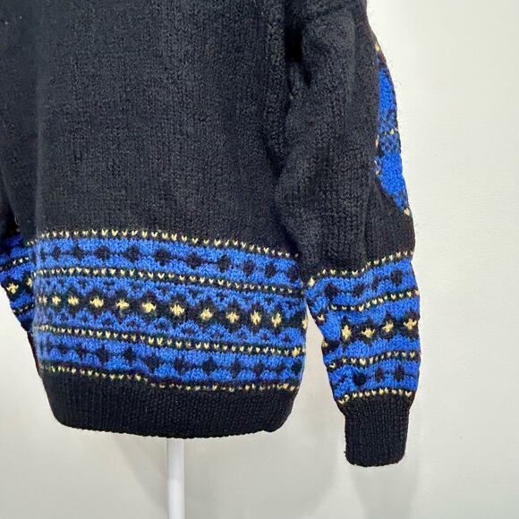 Vintage Plaid Wool Cardigan Sweater Medium 80s Womens Warm Blue Black Yellow - Picture 7 of 13